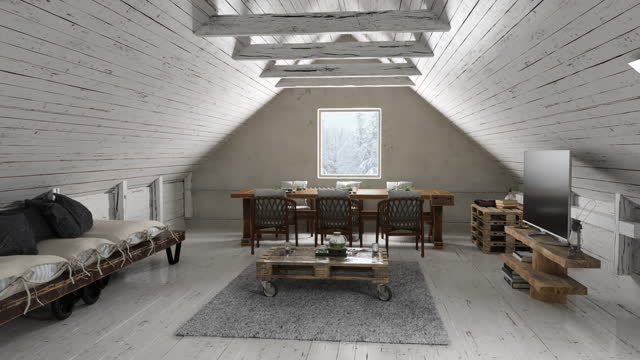 Wooden Tiny House Interior With Dining Table, Sofa, Television Set And Wood Burning Stove