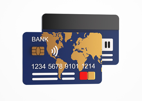 Credit cards with world map 3D design, banking and e-commerce concept isolated on white.  Credit card templates design for presentation
