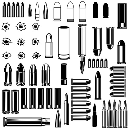 A set of illustrations of shells, bullets, and cartridges. Perfect for military, hunting, and shooting-related designs. Use them for posters, logos, t-shirts, and more.