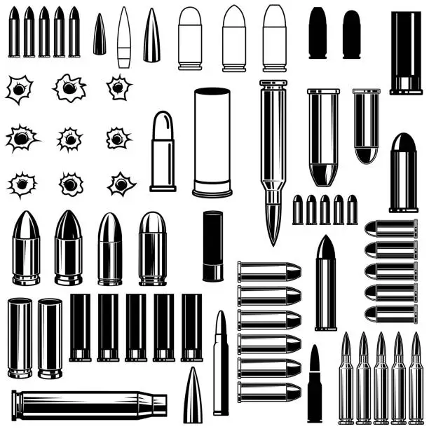 Vector illustration of A set of illustrations of shells, bullets, and cartridges. Perfect for military, hunting, and shooting-related designs. Use them for posters, logos, t-shirts, and more.