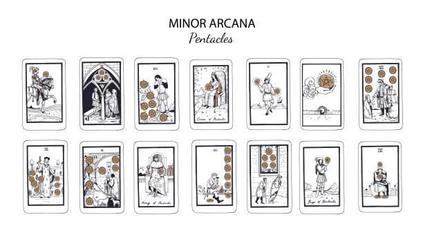 illustrations, cliparts, dessins animés et icônes de arcanes mineurs pentacles. jeu de cartes de tarot vectoriel - information medium illustrations