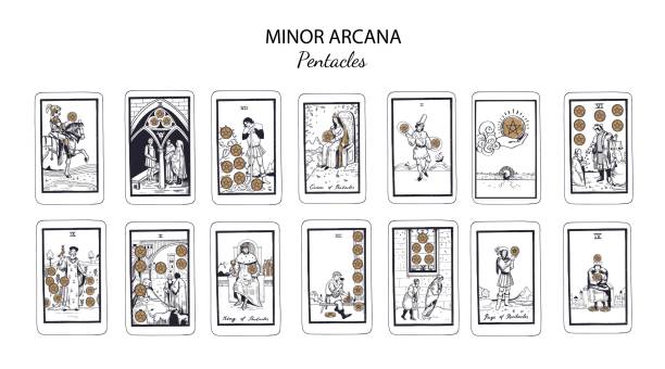 ilustrações de stock, clip art, desenhos animados e ícones de minor arcana pentacles. vector tarot cards set - information medium illustrations