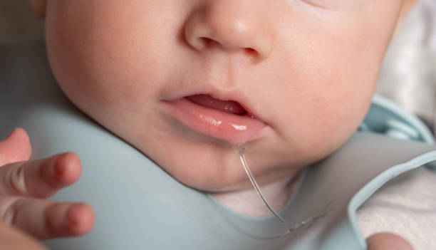 profuse salivation in infants from the mouth. The process of formation and eruption of teeth, close-up profuse salivation in infants from the mouth. The process of formation and eruption of teeth. 6-11-months stock pictures, royalty-free photos & images
