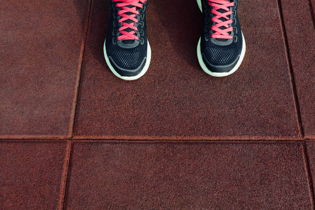 Closeup of running shoes with copy space