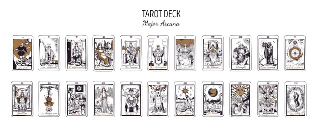 Tarot card deck.  Major arcana set part  . Vector hand drawn engraved style. Occult and alchemy symbolism. The fool, magician, high priestess, empress, emperor, lovers, hierophant, chariot