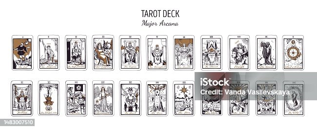 istock Tarot card deck.  Major arcana set part  . Vector hand drawn engraved style. Occult and alchemy symbolism. The fool, magician, high priestess, empress, emperor, lovers, hierophant, chariot 1483007510