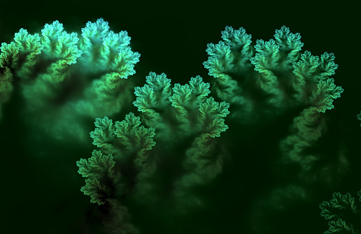 Abstract green fractal art background resembling underwater plants or seaweed, or a macro view of spreading microorganisms, or an alien lifeform.