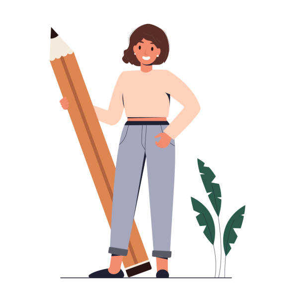 istock Business Woman holds big pencil. 1483008851