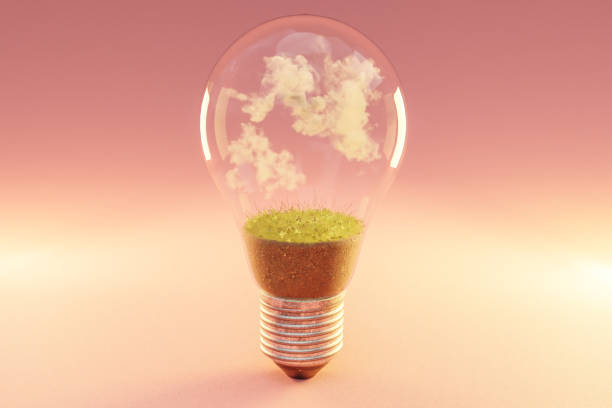 istock single lightbulb with green soil and clouds; renewable clean energy concept; 3D Illustration 1483009375