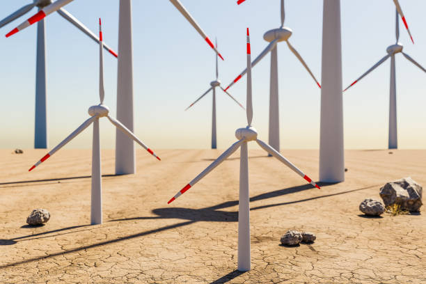 istock large wind farm with multiple windmills in desert environment; renewable energy and climate change concept; 3D Illustration 1483009550