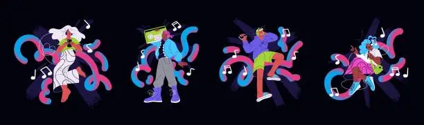 Vector illustration of People listening to pop music set. Characters in headphones with mobile phones, audio sound players. Happy bright men, women with earphones, retro boombox. Isolated flat vector illustrations