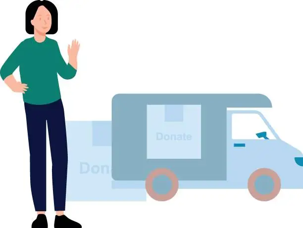 Vector illustration of The girl is looking at the donation truck.