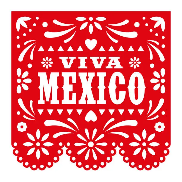 Vector illustration of Cinco de mayo - Viva Mexico. Vector Papel Picado greeting card with floral and decorative elements.