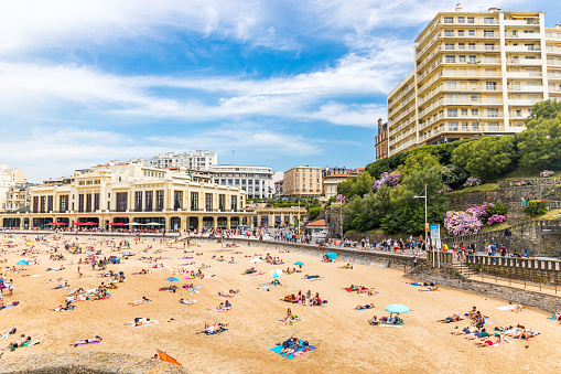 Grande Plage beach of Biarritz with lots of people on a summer day in France