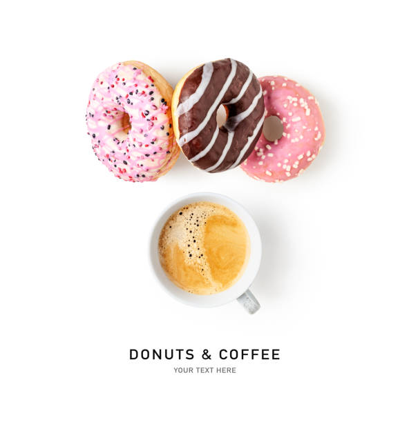 donuts and cup of coffee isolated on white background - coffee cup isolated cappuccino multi colored imagens e fotografias de stock