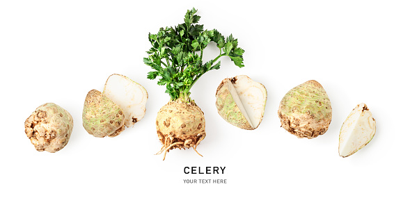 Celery root with leaves set isolated on white background. Healthy eating and dieting food concept. Creative layout. Design element. Top view, flat lay