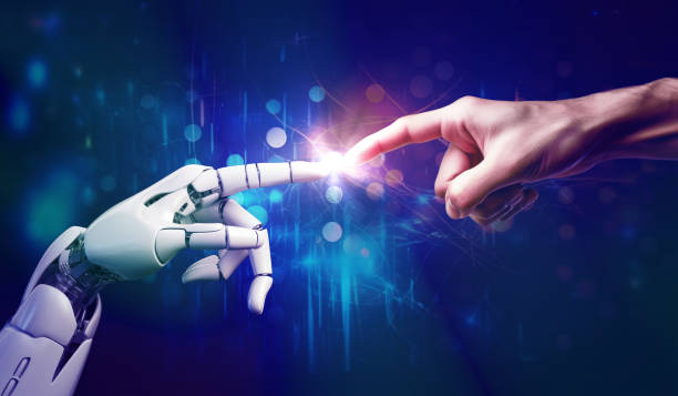 ia, inteligencia artificial, robot y manos humanas se están tocando y conectando, unidad con el concepto humano y de ia, aprendizaje automático y antecedentes tecnológicos futuristas - ia fotografías e imágenes de stock
