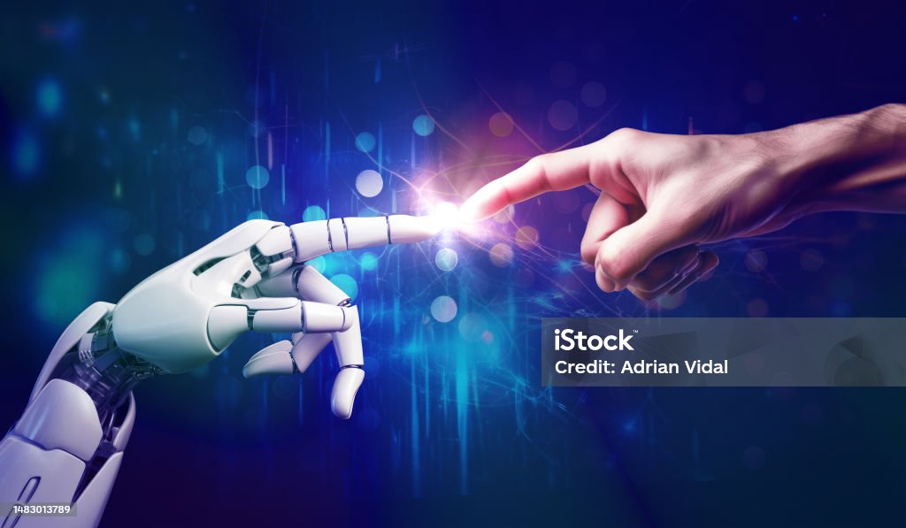 AI、人工知能、ロボットと人間の手が触れてつながり、人間とAIのコンセプト、機械学習、未来的なテクノロジーの背景と一体化 - 人工知能のロイヤリティフリーストックフォト AI、人工知能、ロボットと人間の手が触れてつながり、人間とAIのコンセプト、機械学習、未来的なテクノロジーの背景と一体化 - 人工知能のロイヤリティフリーストックフォト