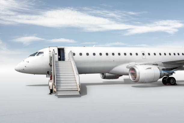 istock White passenger jet plane with boarding stairs isolated on bright background with sky 1483014232