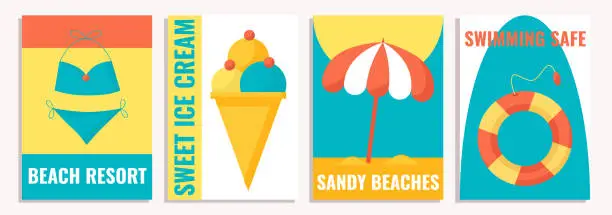 Vector illustration of Collection of four summer posters, templates, vector illustrations of summer days in a flat style.