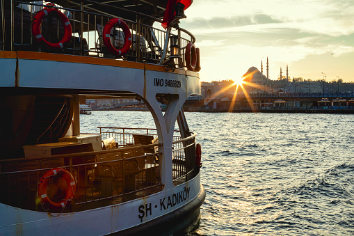 Istanbul, Turkey – Jan 9, 2023: Passenger ferryboat of  ferry operator Sehirhatlari at Karakoy Terminal ready to cross Bosporus