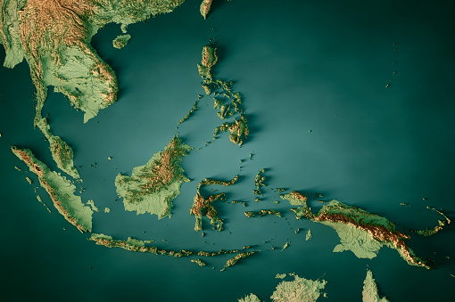 3D Render of a Topographic Map of Southeast Asia.  
All source data is in the public domain.
Color texture: Made with Natural Earth.
http://www.naturalearthdata.com/downloads/10m-raster-data/10m-cross-blend-hypso/
Relief texture: GMTED 2010 data courtesy of USGS. URL of source image:
https://topotools.cr.usgs.gov/gmted_viewer/viewer.htm
Water texture: SRTM Water Body SWDB: https://dds.cr.usgs.gov/srtm/version2_1/SWBD/