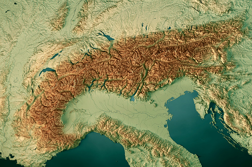 3D Render of a Topographic Map of the European Alps Mountain Range.
All source data is in the public domain.
Color texture: Made with Natural Earth. 
http://www.naturalearthdata.com/downloads/10m-raster-data/10m-cross-blend-hypso/
Relief texture and Rivers: NASADEM data courtesy of NASA JPL (2020).
https://doi.org/10.5067/MEaSUREs/NASADEM/NASADEM_HGT.001 
Water texture: SRTM Water Body SWDB:
https://dds.cr.usgs.gov/srtm/version2_1/SWBD/