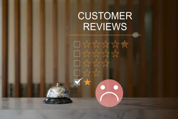 Photo of Customer Experience dissatisfied Concept, silver service bell on hotel reception desk with Sadness Emotion Face, Bad review, bad service dislike bad quality, low rating, social media not good.