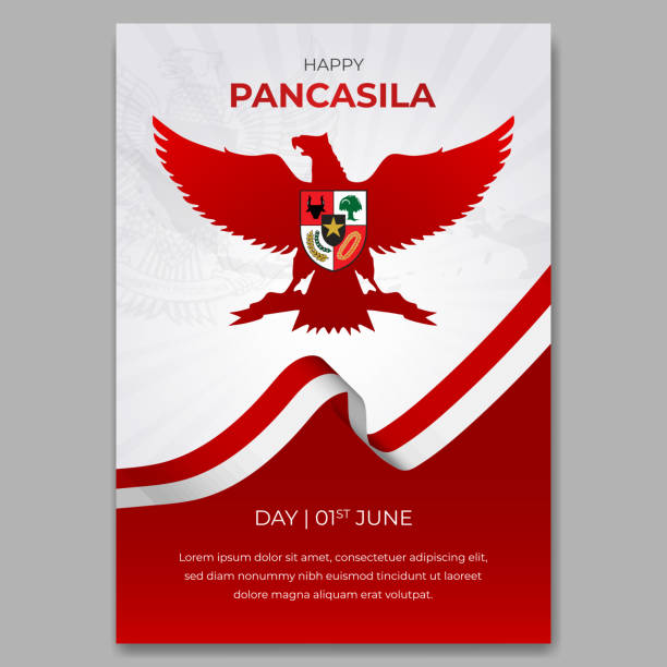 Happy Indonesian Pancasila day June 01st flyer design with flag and archipelago illustration Happy Indonesian Pancasila day June 01st flyer design with flag and archipelago illustration garuda pancasila stock illustrations