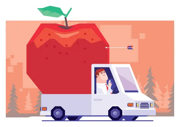 Vector illustration of businessman driving and carrying big apple on delivery van