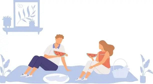 Vector illustration of The couple is eating watermelon at the weekend.