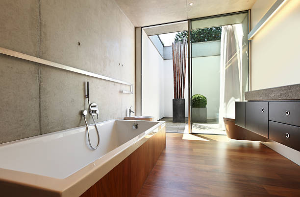 istock Modern house bathroom interior with wooden floors 148302132