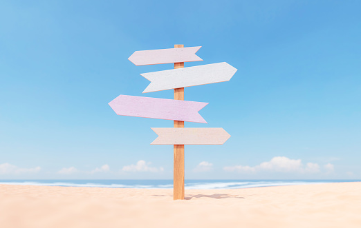3d rendering of wooden signpost with empty arrows on sandy beach against blue sky on sunny summer day representing concept of mockup