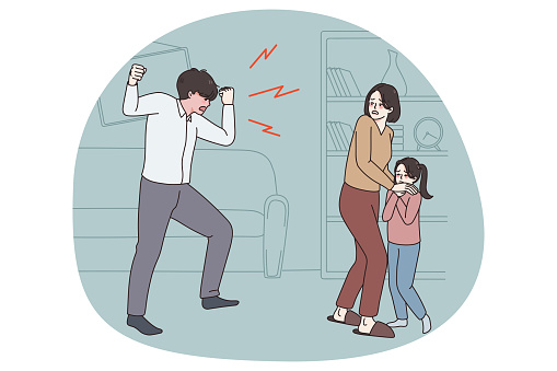 Furious father cream yell at wife and child at home. Scared terrified woman and kid frightened by angry dad shouting. Domestic violence and family problems. Flat vector illustration.