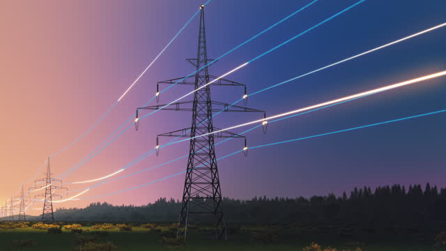 Electric Power Transmission Towers During a Beautiful Sunrise. Early Morning Footage with Digital Visualization of Electric Grid. Concept of Eco-Friendly Environment and Green Energy