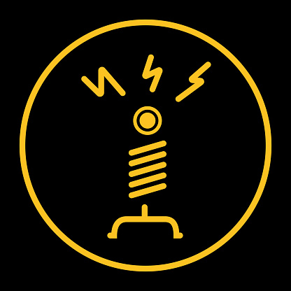 Tesla coil icon vector yellow line design on black background.