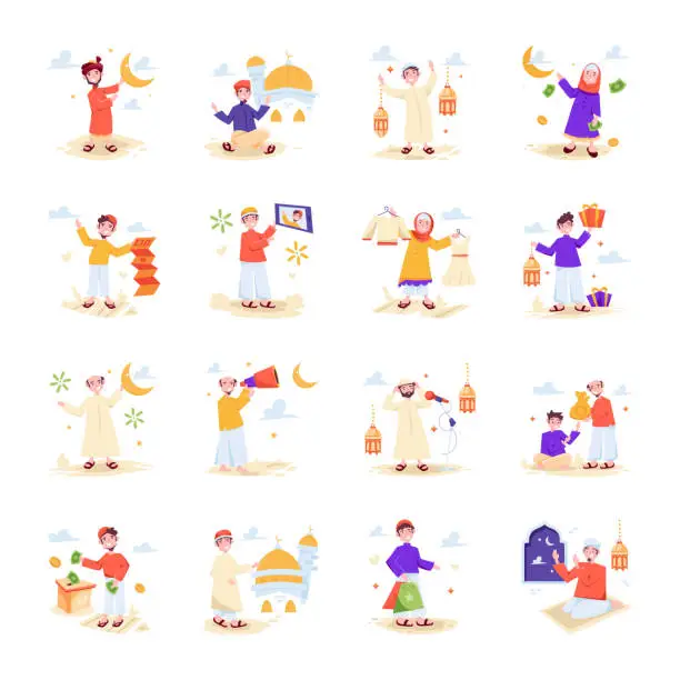 Vector illustration of Bundle of Trendy Eid Festival Flat Illustrations