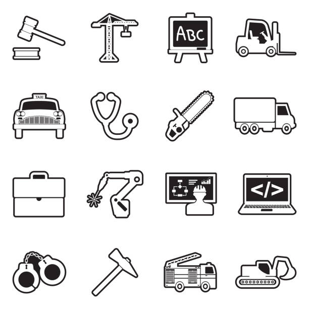 arbeitssymbole. linie mit fülldesign. vektor-illustration. - computer icon symbol police handcuffs stock-grafiken, -clipart, -cartoons und -symbole