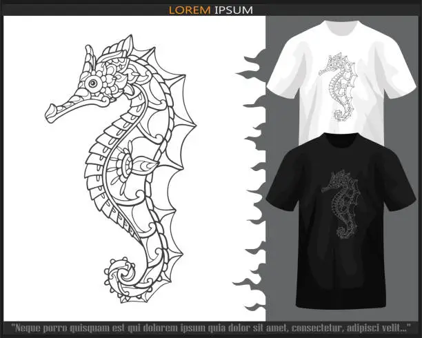 Vector illustration of seahorse mandala arts isolated on black and white t shirt.