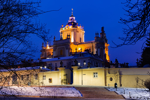 St. Jura Cathedral in Lviv on a winter evening, Ukraine