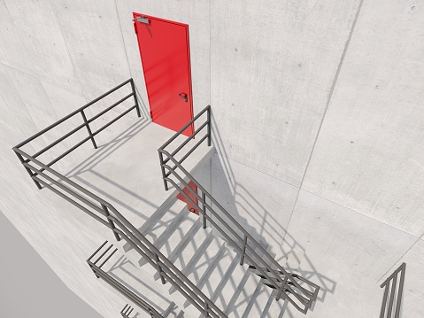 concrete fire escape with red metal door outside of  building. 3D rendering