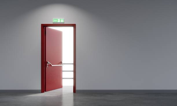 fire exit  red metal door in white  space building . 3d rendering - emergency exit imagens e fotografias de stock