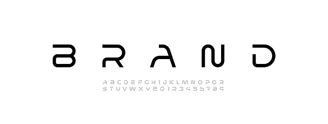 Technology science font, digital cyber alphabet made futurism style, Latin uppercase letters A, B, C, D, E, F, G, H, I, J, K, L, M, N, O, P, Q, R, S, T, U, V, W, X, Y, Z and Arab numerals 0, 1, 2, 3, 4, 5, 6, 7, 8, 9 space style