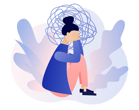 Depression mental. Depressed woman sitting on floor. Mental health and psychotherapy concept. Anxiety, stress, emotional burnout and other psychological problems. Modern flat cartoon style. Vector illustration