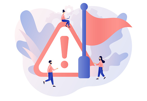 Red flag warning. Metaphor problem, trouble and difficulty. Attention or alert for threat in partnership, relationships, business. Modern flat cartoon style. Vector illustration