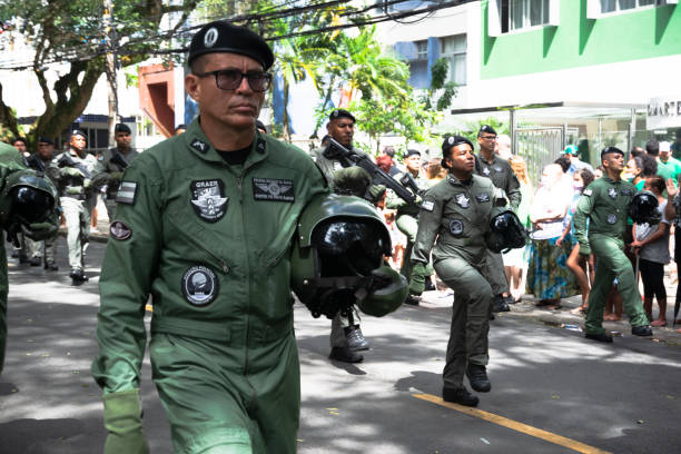 Salvador, Bahia, Brazil - September 07, 2022: Air Force soldiers parade during Brazilian Independence Day in Salvador, Bahia.