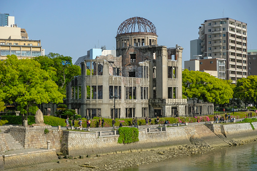Hiroshima, Japan - April 17, 2023: The Hiroshima Peace Memorial now commonly called Atomic Bomb Dome in Hiroshima, Japan.