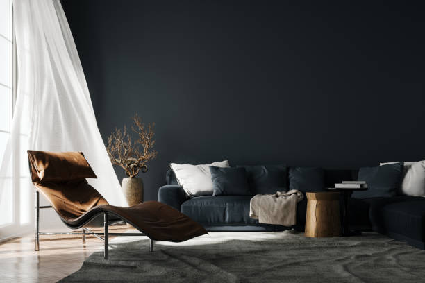 modern interior design of living room. black sofa and empty mockup wall background. - home decorating showcase interior living room home interior imagens e fotografias de stock