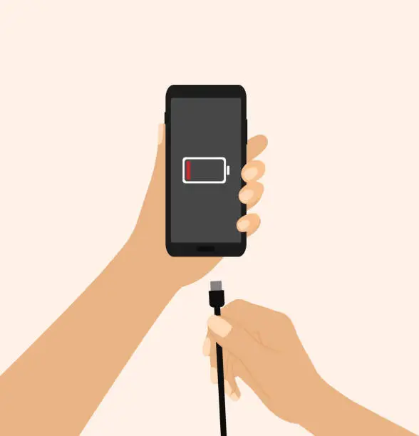 Vector illustration of Hand Holding A Mobile Phone And Charger. Low Battery Symbol On Phone Screen