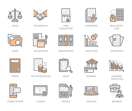 Financial accounting flat line icons. Bookkeeping, tax optimization, payroll, real estate crediting, finance report. Accountancy thin linear signs for legal service. Orange color. Editable Stroke.